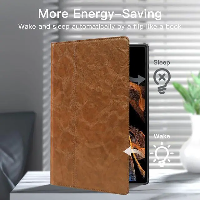 Alt view image 5 of 5 - Gexmil Genuine Leather Case for Samsung Galaxy Tab S9/S9 FE 11 Inch with Pencil Holder,Shockproof Protective Adjustable Kickstand Smart Premium Folio Flip Tablet Cover, Khaki