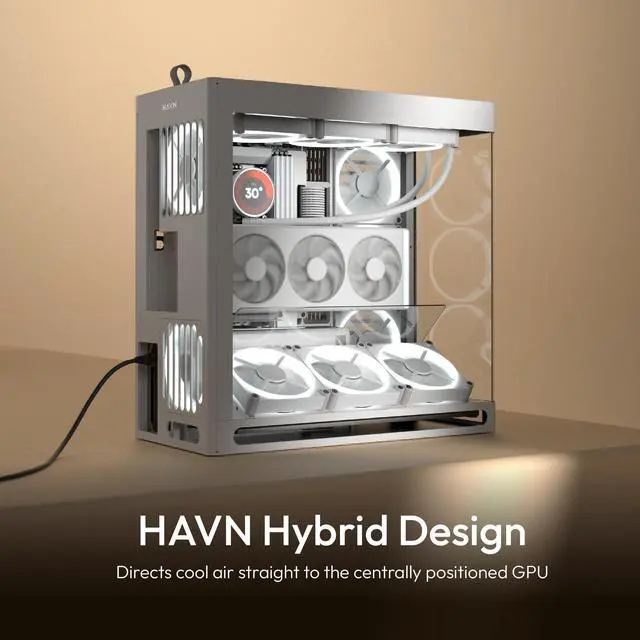 Alt view image 2 of 5 - HAVN HS 420 VGPU Dual-Chamber Mid Tower ATX PC Case White | PCIe 5.0 Vertical GPU Kit, 11x 140mm Fan Slots & 2X 420mm Radiator Support, SimpliCable Cable Management, Tempered Glass, PWM Fan Hub