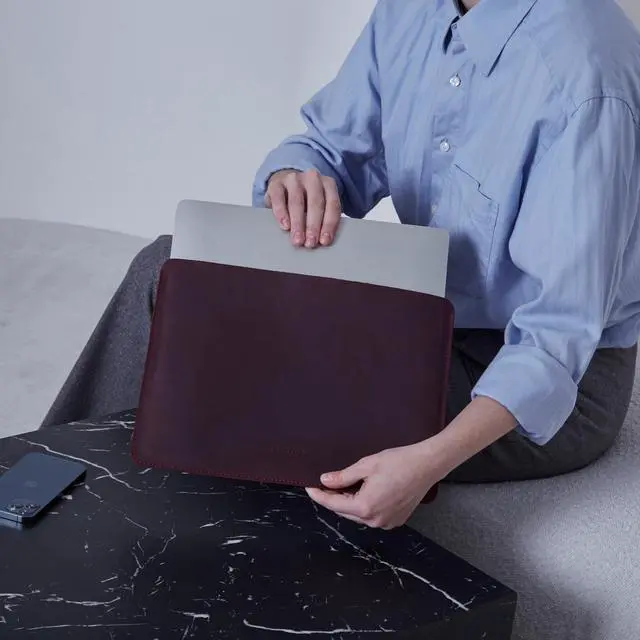 Alt view image 5 of 5 - INCARNE Leather Laptop Caase 14 inch Compatible with MacBook Pro 14 inch Sleeve, Laptop Carrying Case Made for MacBook Pro 14", Genuine Leather, Burgundy