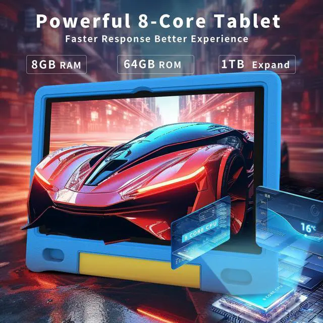 Alt view image 3 of 5 - Kids Tablet with Strap, Android 14 Tablet for Kids 10 inch , Toddler Tablet Octa-Core 64GB 1TB Expandable, Children's Tablet with Case, Bluetooth WiFi Parental Control Dual Camera, 12-hr battery