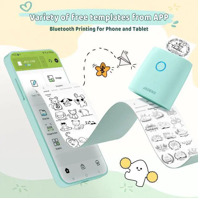 Alt view image 3 of 5 - JADENS Sticker Printer, Mini Printer for iPhone, Bluetooth Thermal Sticker Maker Machine, Pocket Inkless Phone Printer for Children's Gift, Study Notes, Learning Assistance, Journal(Green)
