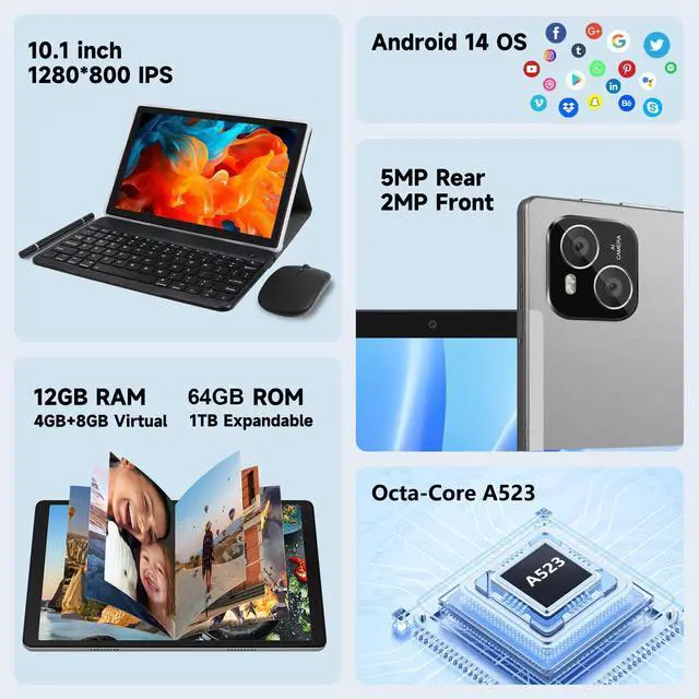 Alt view image 2 of 5 - ITMEIPC Tablet, Android 14 Tablet with 12GB (4+8) RAM 64GB ROM, Octa-Core Processor Tablet with Keyboard, Mouse, 10.1 Inch 1280 * 800 IPS Touch Screen, Dual Camera, WiFi 6, BT 5.4, 6000mAh Battery