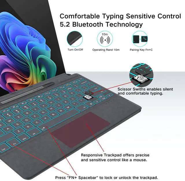 Alt view image 5 of 5 - JvKzaen Surface Pro 9 Keyboard with Slim Pen, Compatible with Microsoft Surface Pro11 10 9 8 X, 13 Inch Bluetooth Wireless Backlight Type Cover Keyboard with Slim Pen, Keyboard with Slim Pen Gray