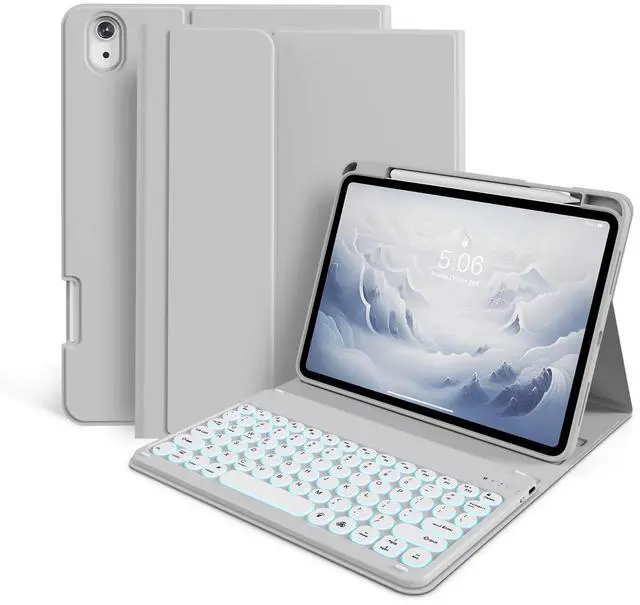 Main image of KenKe for iPad 10th Generation (10.9 Inch 2022) / iPad (A16) 11th (11 inch 2025) Keyboard Case with Right Pencil Holder, 7 Color Backlight Round Cap with Wireless Detachable Keyboard, Gray