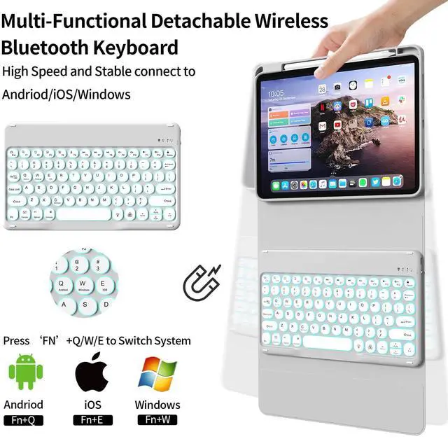 Alt view image 2 of 5 - KenKe for iPad 10th Generation (10.9 Inch 2022) / iPad (A16) 11th (11 inch 2025) Keyboard Case with Right Pencil Holder, 7 Color Backlight Round Cap with Wireless Detachable Keyboard, Gray