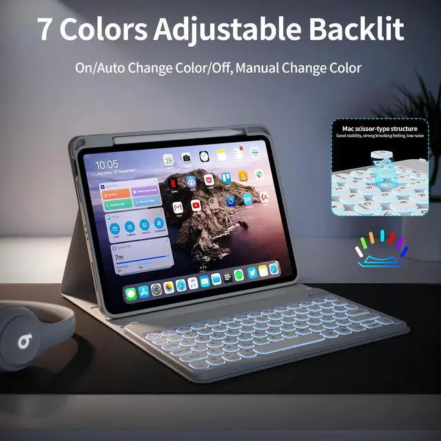 Alt view image 3 of 5 - KenKe for iPad 10th Generation (10.9 Inch 2022) / iPad (A16) 11th (11 inch 2025) Keyboard Case with Right Pencil Holder, 7 Color Backlight Round Cap with Wireless Detachable Keyboard, Gray