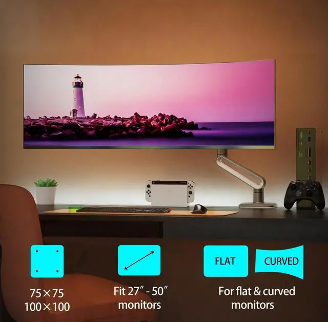 Alt view image 2 of 5 - NB Ergonomic Gaming Monitor Arm for Flat/Ultrawide/Curved Monitors 27 to 50 inch, Heavy Duty Monitor Stand Load up to 18 kg, VESA 75/100 mm Monitor Mount A6
