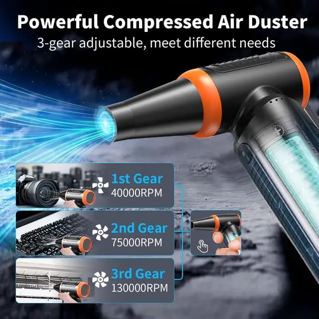 Alt view image 2 of 5 - Electric Air Duster Jet Fan Blower, with Brushless Motor, 3 Adjustable speeds- for Keyboard, PC, Car, Air Bed, and Home Cleaning Reusable Replaces Compressed Air Cans
