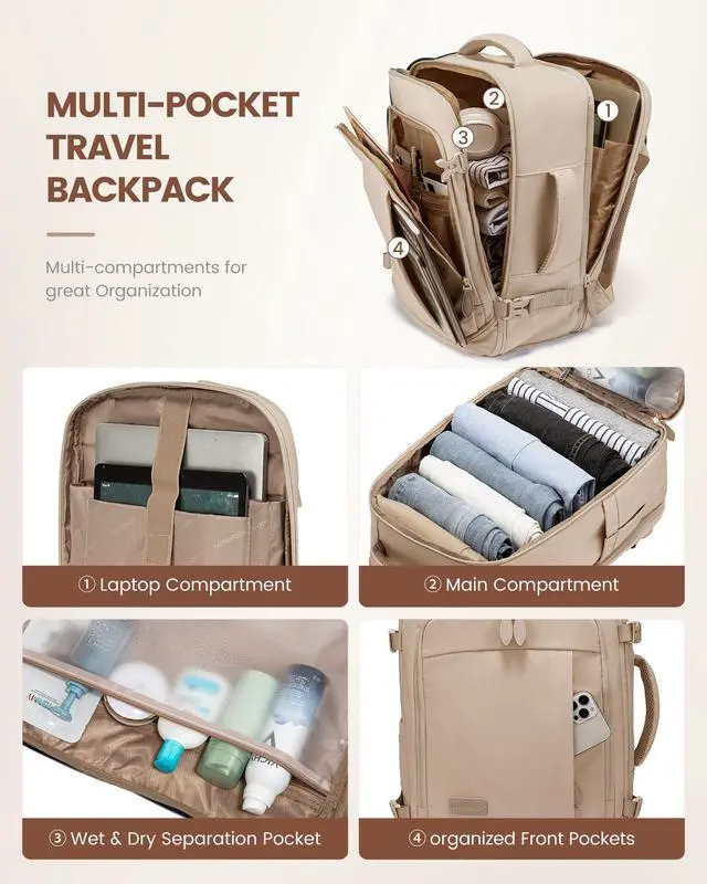 Alt view image 3 of 5 - LOVEVOOK Travel Backpack for Women Men, 35L Large Carry On Bag Fits 15.6" Laptop, Flight Approved Personal Item, Waterproof Luggage for Daily Use Weekender Trip Work Business Uni, Khaki