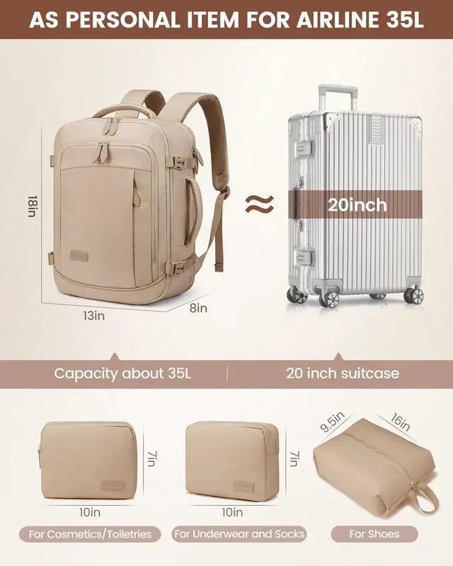 Alt view image 4 of 5 - LOVEVOOK Travel Backpack for Women Men, 35L Large Carry On Bag Fits 15.6" Laptop, Flight Approved Personal Item, Waterproof Luggage for Daily Use Weekender Trip Work Business Uni, Khaki