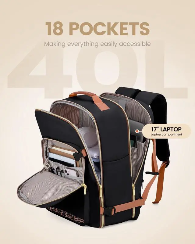 Alt view image 3 of 5 - LOVEVOOK Travel Backpack for Women Men as Personal Item Flight Approved, 40L Luggage Carry On Backpack,17.3inch Large Laptop Backpack Waterproof Outdoor Sports with 3 Packing Cubes,Black-Leopard print