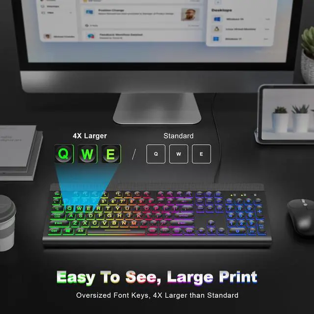 Alt view image 3 of 5 - Meidosa Backlit Keyboard Wired Large Print, Computer Keyboard with Rainbow Illuminated LED, USB Keyboard with Numeric Keypad and Media Hotkey for Windows PC Laptop