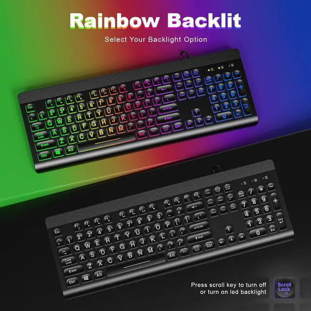 Alt view image 4 of 5 - Meidosa Backlit Keyboard Wired Large Print, Computer Keyboard with Rainbow Illuminated LED, USB Keyboard with Numeric Keypad and Media Hotkey for Windows PC Laptop