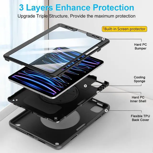 Alt view image 5 of 5 - Case for iPad Pro 11 Inch 2022/2021/ 2020/2018: Cover for iPad 11 Inch 4th/ 3rd/ 2nd/ 1st Generation with Screen Protector- Stand- Handle- Shoulder Strap- Pencil Holder Black