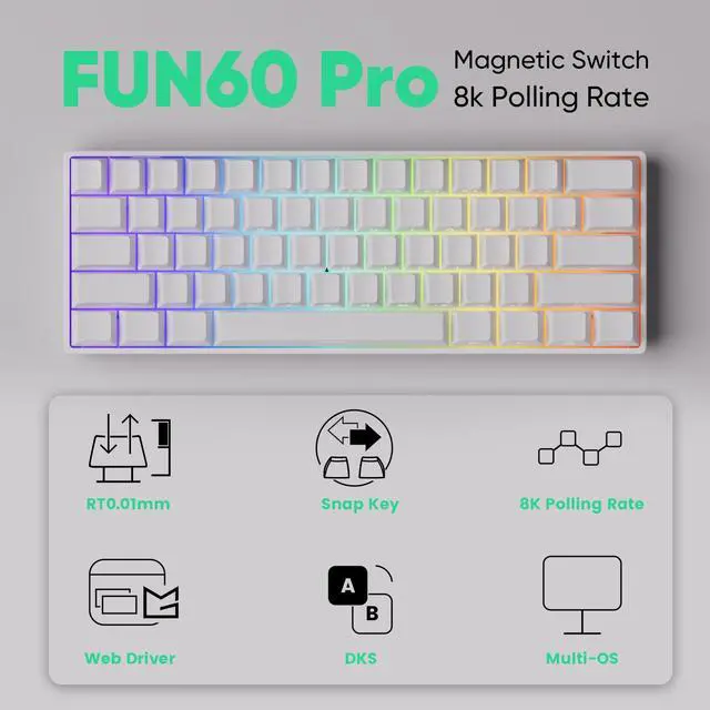 Alt view image 2 of 5 - MONSGEEK FUN60 Pro Rapid Trigger Gaming Keyboard 8k SP Magnetic Switch HE Keyboard Multi-Modes Wireless 60% White Shine-Through (Glare Magnetic Switch)