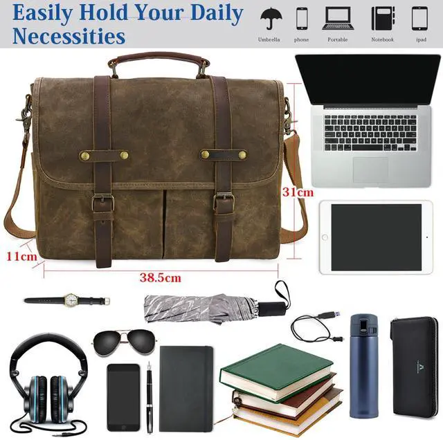 Alt view image 3 of 5 - Mens Messenger Bag 15.6 Inch Waterproof Vintage Genuine Leather Waxed Canvas Briefcase Large Leather Computer Laptop Bag Rugged Satchel Shoulder Bag, Coffee