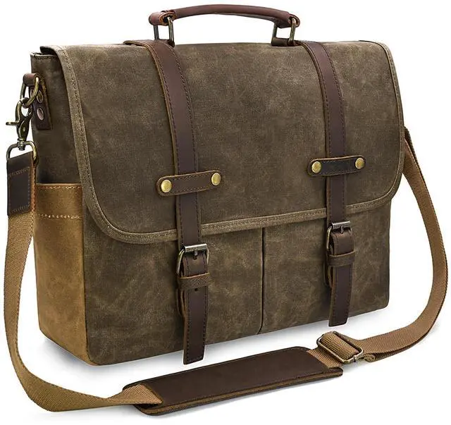 Main image of Mens Messenger Bag 15.6 Inch Waterproof Vintage Genuine Leather Waxed Canvas Briefcase Large Leather Computer Laptop Bag Rugged Satchel Shoulder Bag, Coffee