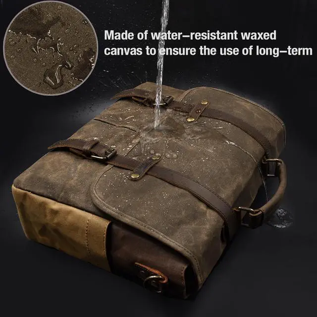 Alt view image 2 of 5 - Mens Messenger Bag 15.6 Inch Waterproof Vintage Genuine Leather Waxed Canvas Briefcase Large Leather Computer Laptop Bag Rugged Satchel Shoulder Bag, Coffee