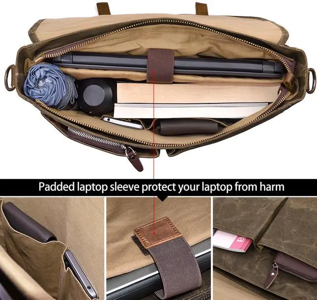 Alt view image 4 of 5 - Mens Messenger Bag 15.6 Inch Waterproof Vintage Genuine Leather Waxed Canvas Briefcase Large Leather Computer Laptop Bag Rugged Satchel Shoulder Bag, Coffee
