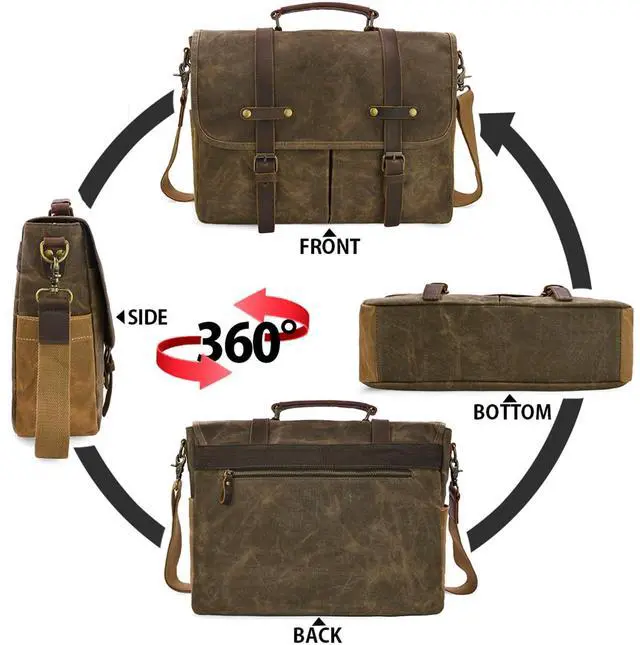 Alt view image 5 of 5 - Mens Messenger Bag 15.6 Inch Waterproof Vintage Genuine Leather Waxed Canvas Briefcase Large Leather Computer Laptop Bag Rugged Satchel Shoulder Bag, Coffee