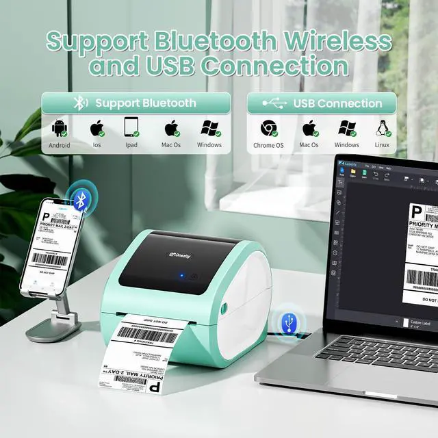 Alt view image 2 of 5 - Omezizy D520BT Bluetooth Shipping Label Printer and 1 Roll Thermal Labels, Wireless Thermal Label Printer for Small Business, Thermal Printer for Shipping Labels, Green