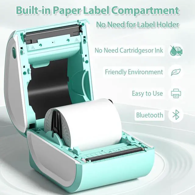 Alt view image 4 of 5 - Omezizy D520BT Bluetooth Shipping Label Printer and 1 Roll Thermal Labels, Wireless Thermal Label Printer for Small Business, Thermal Printer for Shipping Labels, Green