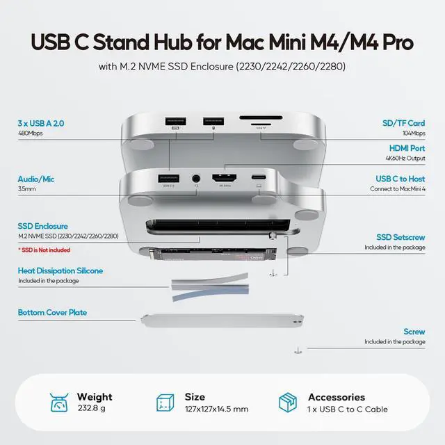Alt view image 2 of 5 - PULWTOP Mac Mini M4 Hub Stand with M.2 SSD Enclosure, 9-in-1 Mac Mini M4 Dock Mount with HDMI 4K 60Hz, 3 x USB A 2.0, SD/TF 3.0, 3.5mm Audio/Mic, USB C Hub Accesorios for Mac Mini 2024 M4 Pro