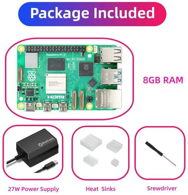 Alt view image 2 of 5 - RasTech Raspberry Pi 5 Kit 8GB RAM with 27W PD Power Supply 5.1V5A,Heat Sinks and Raspberry Pi 5 8GB Board Included