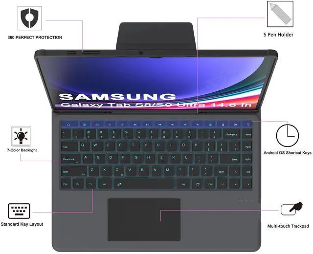 Alt view image 3 of 5 - for 14.6 inch Samsung Galaxy Tab S9 Ultra /S8 Ultra/S10 Ultra Case with Keyboard - Folio Tablet Book Cover with Touchpad - 7 Color Backlit Keyboard Case with S Pen Holder for 14.6" Tab S8/S9/S10 Ultra