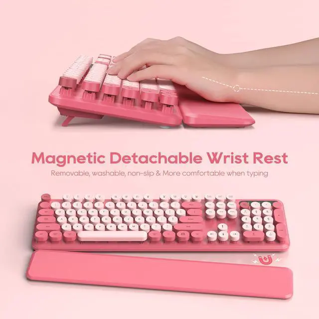 Alt view image 2 of 5 - Pink Wireless Keyboard Mouse and Purple Keyboard, Round Keycaps, Full-Size Retro Typewriter Keyboard with Detachable Wrist Rest, Sleep Mode & Tilt Legs, 2.4GHz Cordless Connection