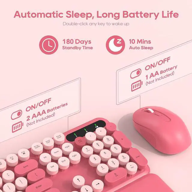 Alt view image 4 of 5 - Pink Wireless Keyboard Mouse and Purple Keyboard, Round Keycaps, Full-Size Retro Typewriter Keyboard with Detachable Wrist Rest, Sleep Mode & Tilt Legs, 2.4GHz Cordless Connection