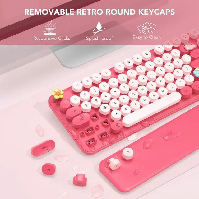 Alt view image 2 of 5 - Hot Pink Wireless Keyboard and Purple Wireless Keyboard Mouse, Cute Round Keycaps, Full-Size Retro Typewriter Keyboard with Detachable Wrist Rest, 2.4GHz Cordless Connection for Mac/Windows/PC/Laptop