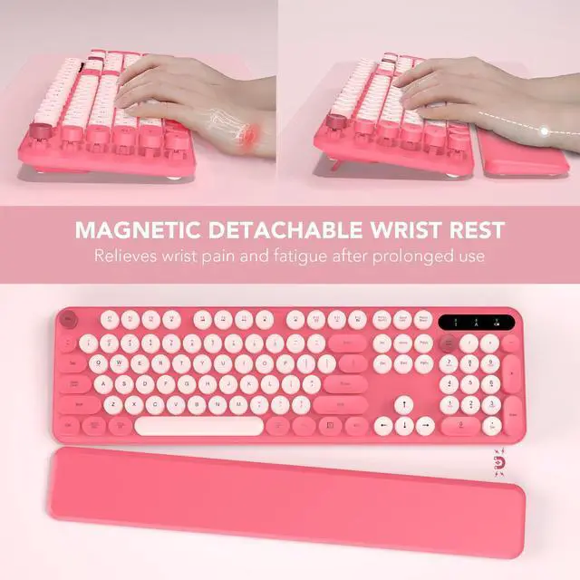 Alt view image 3 of 5 - Hot Pink Wireless Keyboard and Purple Wireless Keyboard Mouse, Cute Round Keycaps, Full-Size Retro Typewriter Keyboard with Detachable Wrist Rest, 2.4GHz Cordless Connection for Mac/Windows/PC/Laptop