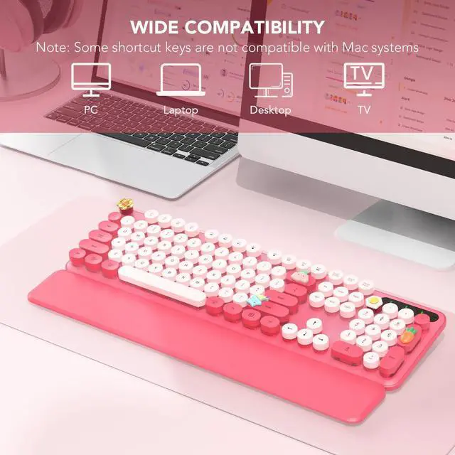 Alt view image 4 of 5 - Hot Pink Wireless Keyboard and Purple Wireless Keyboard Mouse, Cute Round Keycaps, Full-Size Retro Typewriter Keyboard with Detachable Wrist Rest, 2.4GHz Cordless Connection for Mac/Windows/PC/Laptop