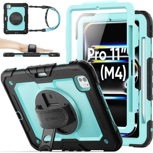 Main image of SEYMAC stock Case for iPad Pro 11 inch Case 2024 (M4), Shockproof Protective with Pencil Holder, Screen Protector, 360deg Rotate Stand, Adjustable Hand Strap, Shoulder Strap, SkyBlue