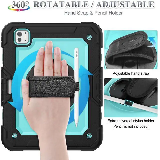 Alt view image 3 of 5 - SEYMAC stock Case for iPad Pro 11 inch Case 2024 (M4), Shockproof Protective with Pencil Holder, Screen Protector, 360deg Rotate Stand, Adjustable Hand Strap, Shoulder Strap, SkyBlue