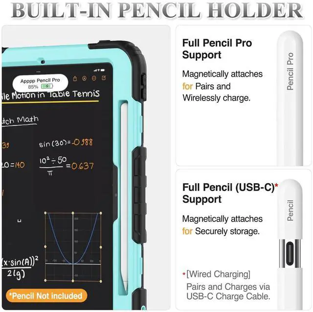 Alt view image 5 of 5 - SEYMAC stock Case for iPad Pro 11 inch Case 2024 (M4), Shockproof Protective with Pencil Holder, Screen Protector, 360deg Rotate Stand, Adjustable Hand Strap, Shoulder Strap, SkyBlue