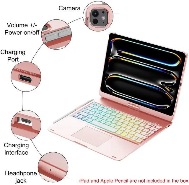 Alt view image 3 of 5 - Keyboard Case for iPad Pro 13-inch (M4) 2024, Touch Keyboard for iPad Pro 13 Case with Trackpad, 360degRotatable & 7 Colors Backlit Wireless Keyboard for iPad Pro M4 Cases with Pen Holder, Rose Gold