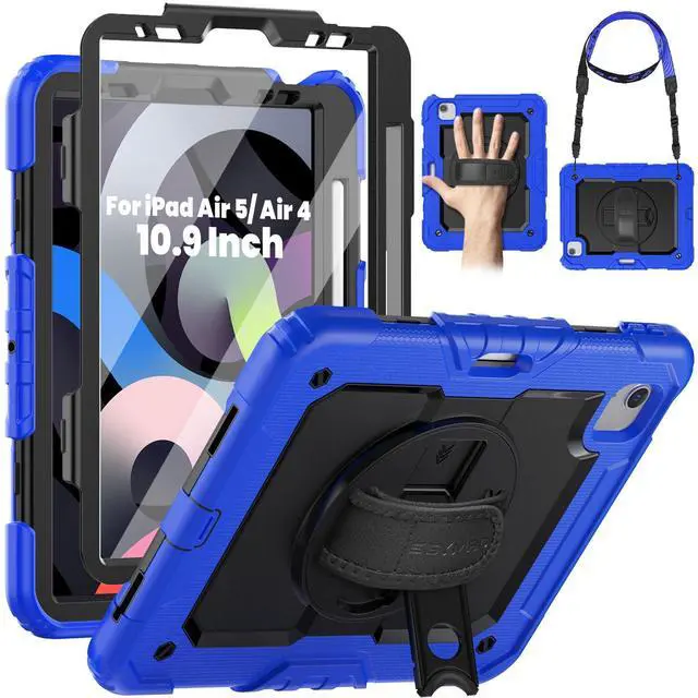 Main image of SEYMAC for iPad Air 5th/ 4th Generation Case 10.9 Inch, Full-Body Shockproof Protective Case with Screen Protector, Rotating Stand/Handle/Shoulder Strap/Pencil Holder for iPad Air 5/ Air 4, Blue