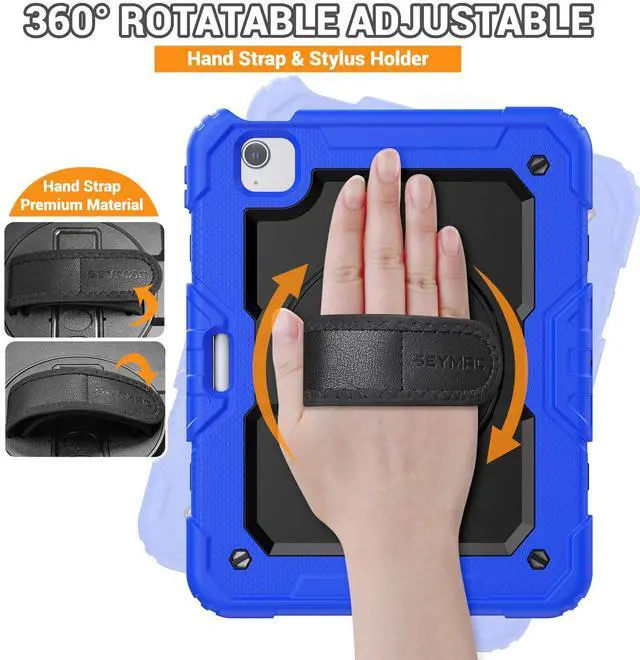 Alt view image 3 of 5 - SEYMAC for iPad Air 5th/ 4th Generation Case 10.9 Inch, Full-Body Shockproof Protective Case with Screen Protector, Rotating Stand/Handle/Shoulder Strap/Pencil Holder for iPad Air 5/ Air 4, Blue