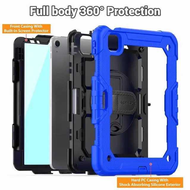 Alt view image 5 of 5 - SEYMAC for iPad Air 5th/ 4th Generation Case 10.9 Inch, Full-Body Shockproof Protective Case with Screen Protector, Rotating Stand/Handle/Shoulder Strap/Pencil Holder for iPad Air 5/ Air 4, Blue