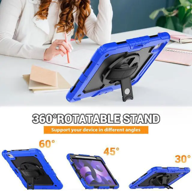 Alt view image 4 of 5 - SEYMAC for iPad Air 5th/ 4th Generation Case 10.9 Inch, Full-Body Shockproof Protective Case with Screen Protector, Rotating Stand/Handle/Shoulder Strap/Pencil Holder for iPad Air 5/ Air 4, Blue