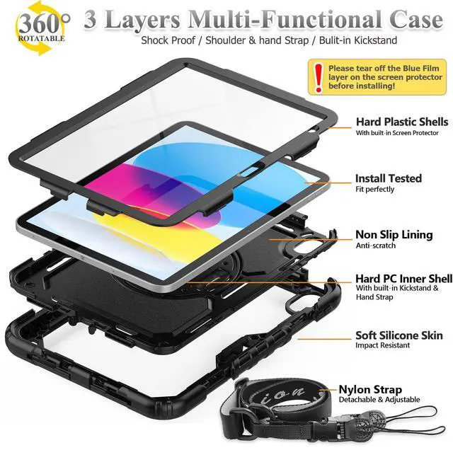 Alt view image 5 of 5 - SEYMAC stock Case for iPad (A16) 11th/10th Generation 11''/10.9'' 2025/2022, Full-Body Drop Protection Case with Screen Protector &360deg Rotate Hand Strap/Stand, Black