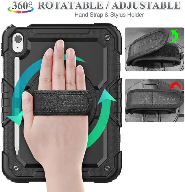 Alt view image 2 of 5 - SEYMAC stock Case for iPad (A16) 11th/10th Generation 11''/10.9'' 2025/2022, Full-Body Drop Protection Case with Screen Protector &360deg Rotate Hand Strap/Stand, Black