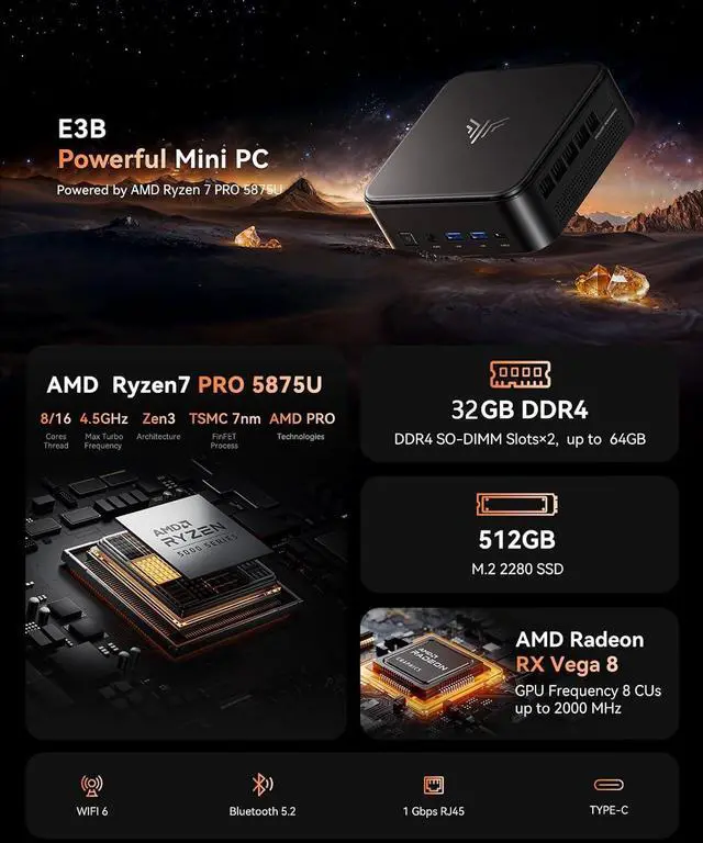 ⭐️ミニpc⭐️AMD Ryzen 7 5875U 32GB DDR4 512GB KAMRUI Mini PC, AMD Ryzen 7 5875U Mini PC(8C/16T, Up to 4.5