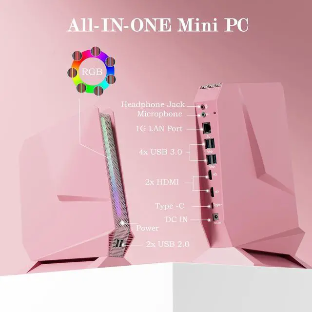 Alt view image 5 of 5 - Mini PC, Core i7-8750H(8C/16T up to 4.1GHz), GTX 1050 3GB Gaming Mini Computer, 16GB DDR4 512GB NVMe SSD, Support RGB Lights, 4K Dual HDMI + Type-C, 11AC Wi-Fi, Win 11 Pro Micro PC, Pink