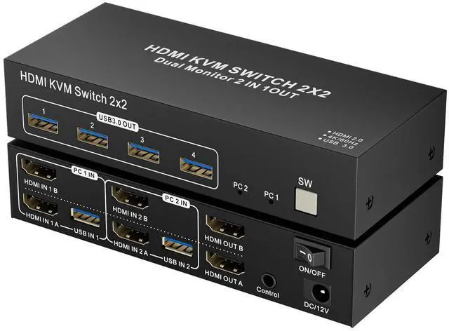 Main image of KVM Switch 2 Monitors 2 Computers HDMI USB3.0, 4K@60Hz KVM Switches for 2 Computers Sharing 2 Monitor Keyboard Mouse Printer/Scanner,with EDID/HDCP Adaptive, 2USB Cable and Desktop Controller