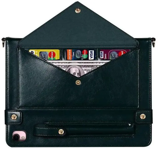 Alt view image 4 of 5 - Handbag Case for iPad 10.2"/iPad Pro 10.5/iPad Air3, Techcircle Folio Stand PU Leather Cover w/Hand Strap, Crossbody iPad Case with Pencil Holder Card Slots Envelope Pocket Wallet Case, Midnight Green
