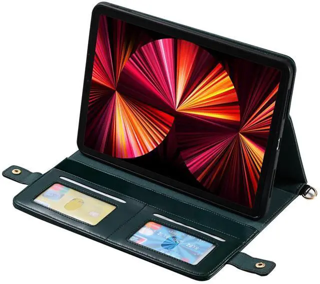 Alt view image 3 of 5 - Handbag Case for iPad 10.2"/iPad Pro 10.5/iPad Air3, Techcircle Folio Stand PU Leather Cover w/Hand Strap, Crossbody iPad Case with Pencil Holder Card Slots Envelope Pocket Wallet Case, Midnight Green