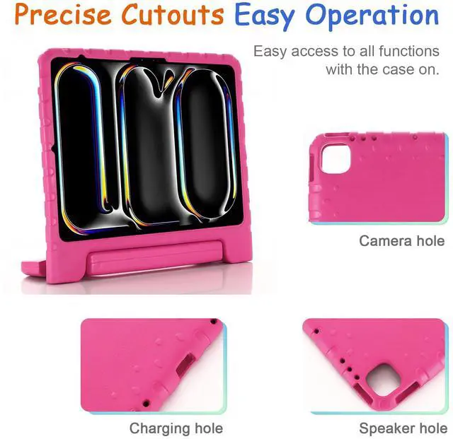Alt view image 4 of 5 - Kids Case for iPad Pro 13" 2024 (M4) & iPad Air 13" 2024 (M2) Shockproof Case with Pencil Holder, Techcircle Handle Stand Lightweight EVA Foam Bumper Protective Rugged Child Proof Cover, Rose